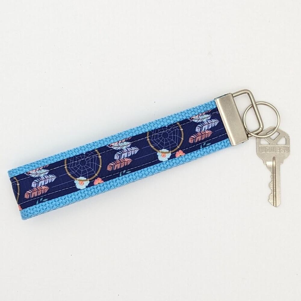 Dream Catcher Keychain Wristlet‎ Feather Boho Fabric Key FOB Gift Present Blue